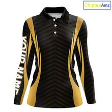 Load image into Gallery viewer, Front view Custom Skull mens long sleeve golf polo shirt black gold design with custom name on sleeve