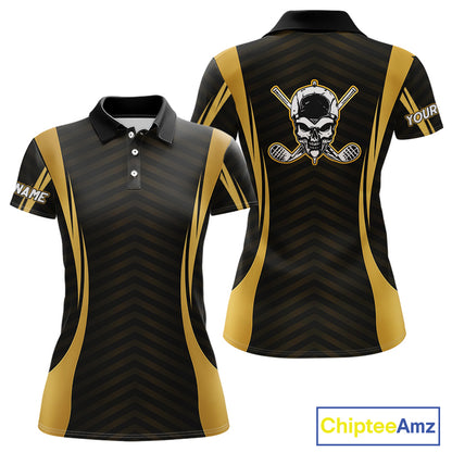 Front and back view Custom Skull mens golf polo shirt black gold design with custom name on sleeve