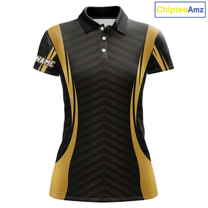 Front view Custom Skull mens golf polo shirt black gold design with custom name on sleeve