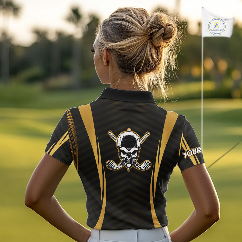 Golfer wearing Custom Skull mens golf polo shirt black gold personalized golf gift for men on the golf course