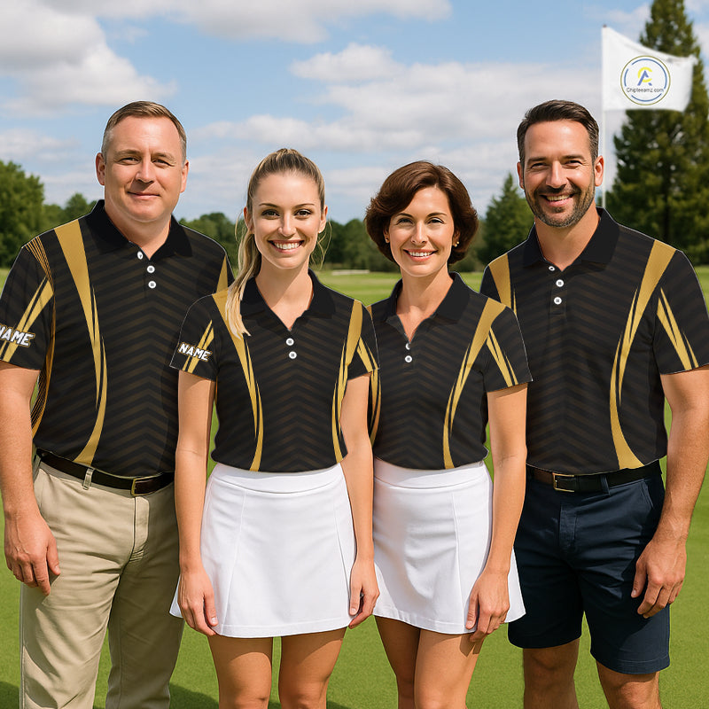 Four golfers in Custom Skull mens golf polo shirt black gold standing on a golf course 
