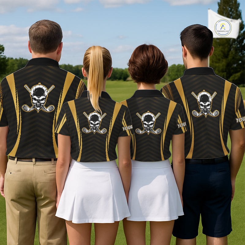 Four golfers in Custom Skull mens golf polo shirt black gold standing on a golf course 