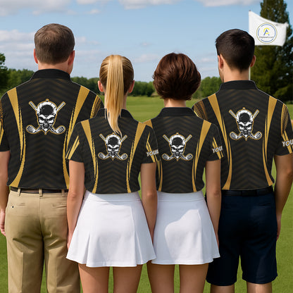 Four golfers in Custom Skull mens golf polo shirt black gold standing on a golf course 