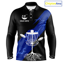 Load image into Gallery viewer, Blue Mens Disc Golf Polo Shirts Custom Thunder Lightning Team Disc Golf Jerseys, Disc Golf Gifts NBT649