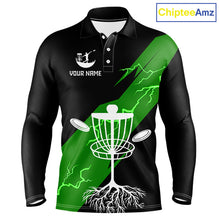 Load image into Gallery viewer, Green Mens Disc Golf Polo Shirts Custom Thunder Lightning Team Disc Golf Jerseys, Disc Golf Gifts NBT651