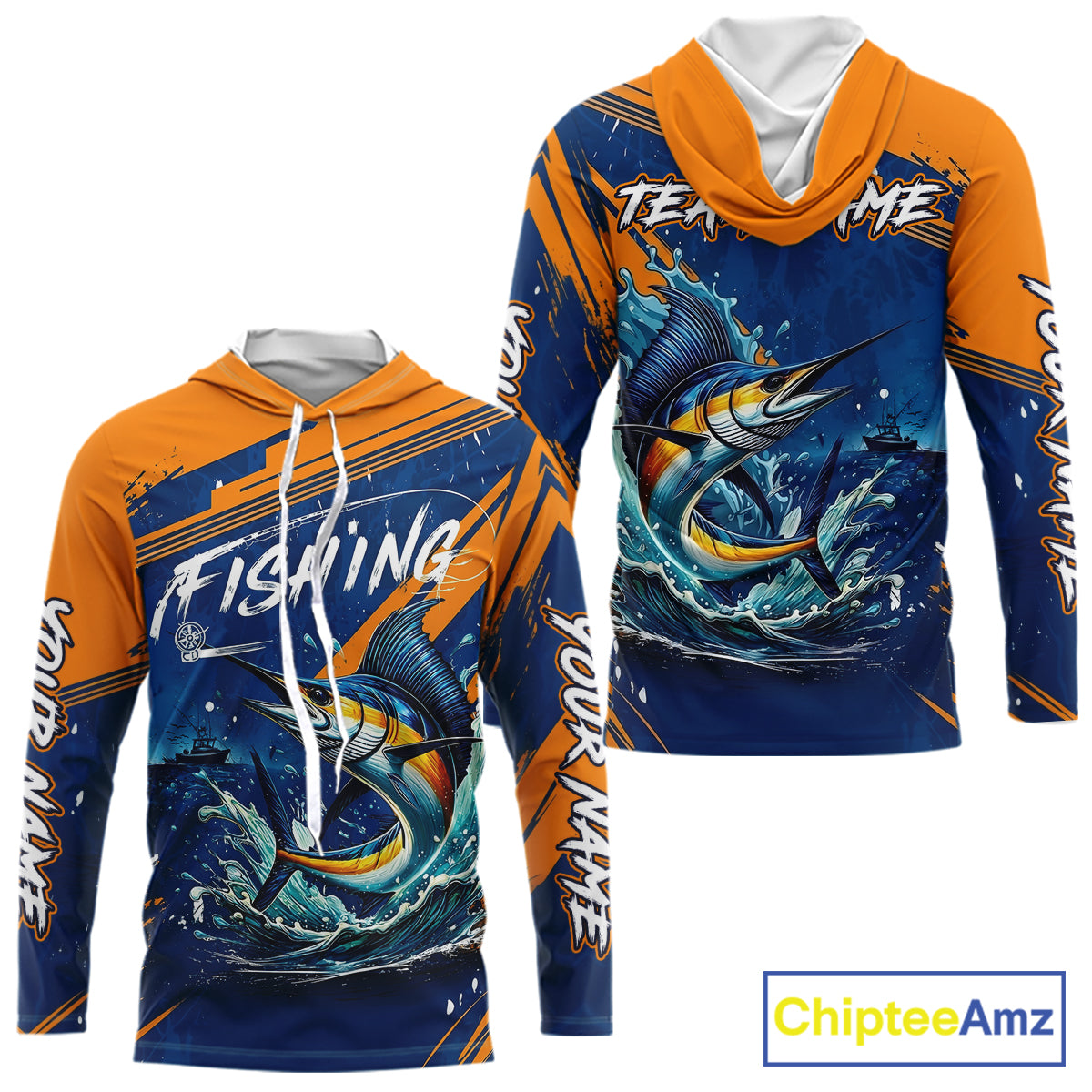 Front and back view Custom Marlin Fishing Blue Orange long sleeve hooded shirt, Marlin saltwater fishing jersey with UPF protection