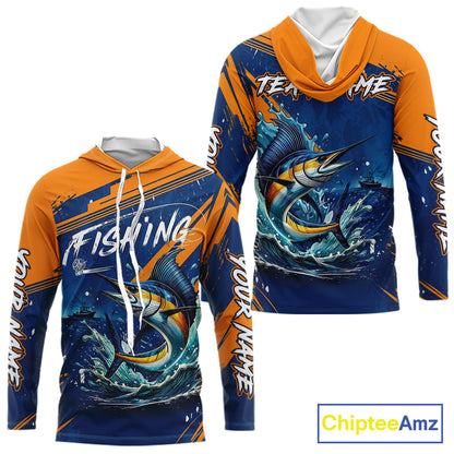 Front and back view Custom Marlin Fishing Blue Orange long sleeve hooded shirt, Marlin saltwater fishing jersey with UPF protection