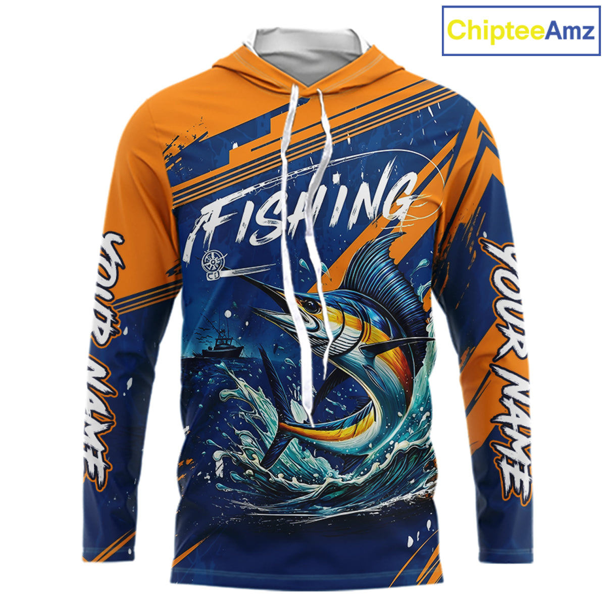 Front view Custom Marlin Fishing Blue Orange long sleeve hooded shirt, Marlin saltwater fishing jersey with UPF protection