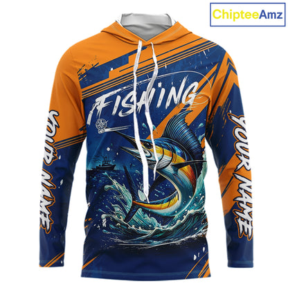 Front view Custom Marlin Fishing Blue Orange long sleeve hooded shirt, Marlin saltwater fishing jersey with UPF protection