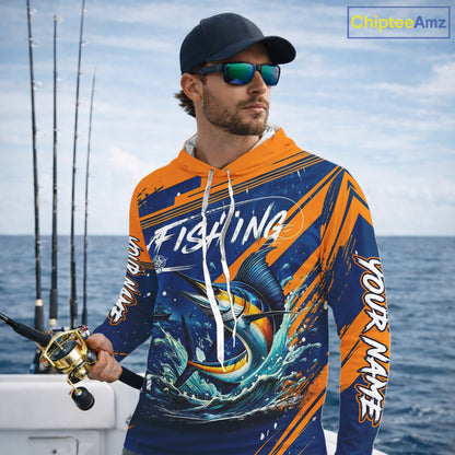 Angler wearing Custom Marlin Fishing Blue Orange long sleeve hooded saltwater fishing jersey 