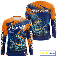 Load image into Gallery viewer, Custom Marlin Fishing Blue Orange Long Sleeve Shirts, Marlin Saltwater Fishing Jerseys NBT857