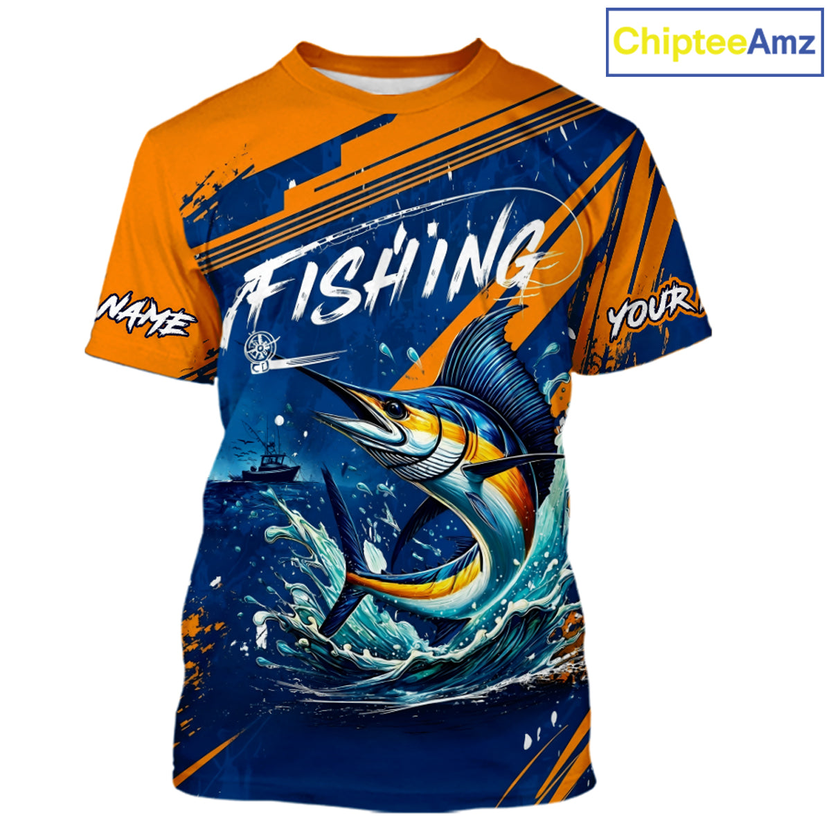 Custom Marlin Fishing Blue Orange T-Shirt, Marlin Saltwater Fishing Jerseys NBT857