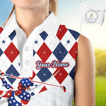 American Flag Sleeveless Golf Polo Shirt For Womens Patriotic White Golf Shirt 4th of July Golf Outfit Golf Gifts NBT520