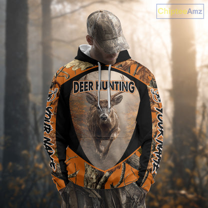 Deer Hunting Shirt Orange Camouflage Hoodie, Long Sleeve Custom Name For Men NBT245