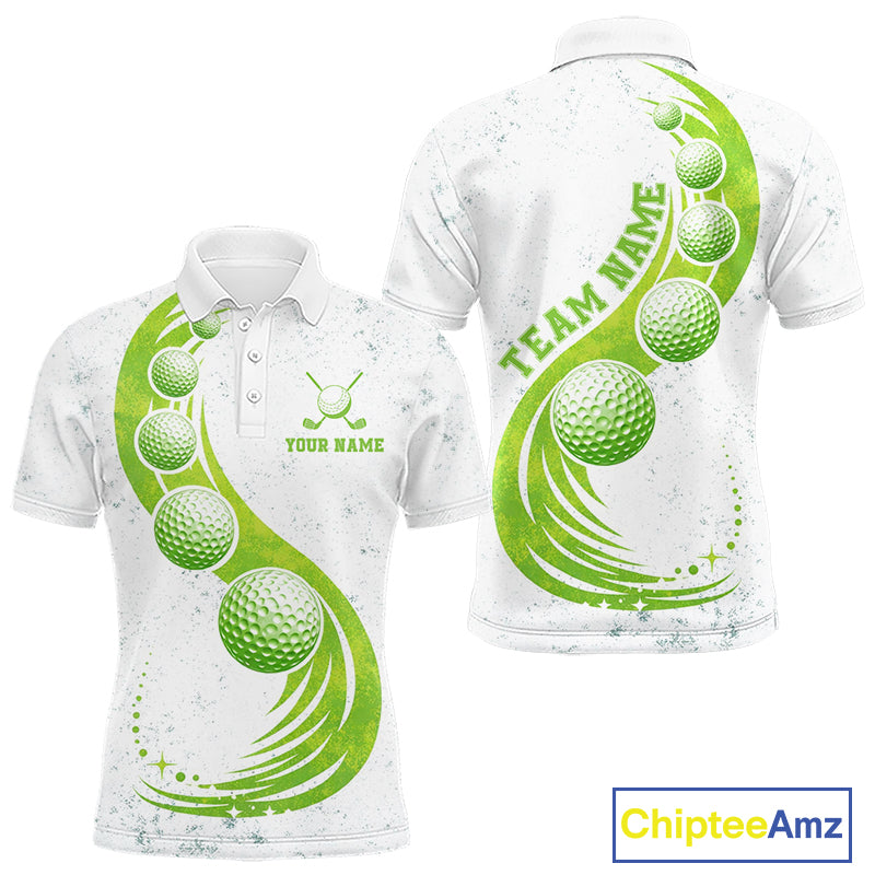 Mens Golf Polo Shirt Green Golf Ball Pattern Custom Name White Golf Shirts, Golf Gifts For Men NBT536
