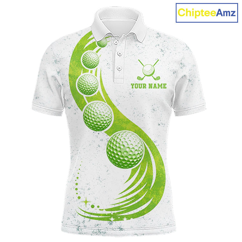 Mens Golf Polo Shirt Green Golf Ball Pattern Custom Name White Golf Shirts, Golf Gifts For Men NBT536