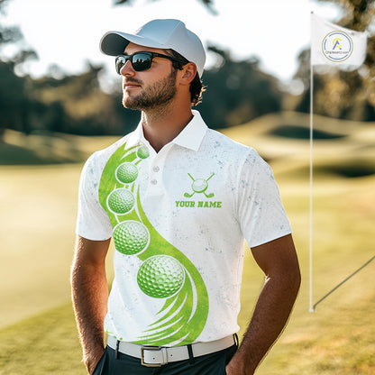 Mens Golf Polo Shirt Green Golf Ball Pattern Custom Name White Golf Shirts, Golf Gifts For Men NBT536