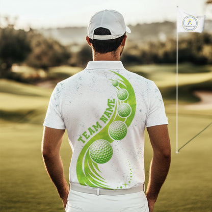 Mens Golf Polo Shirt Green Golf Ball Pattern Custom Name White Golf Shirts, Golf Gifts For Men NBT536