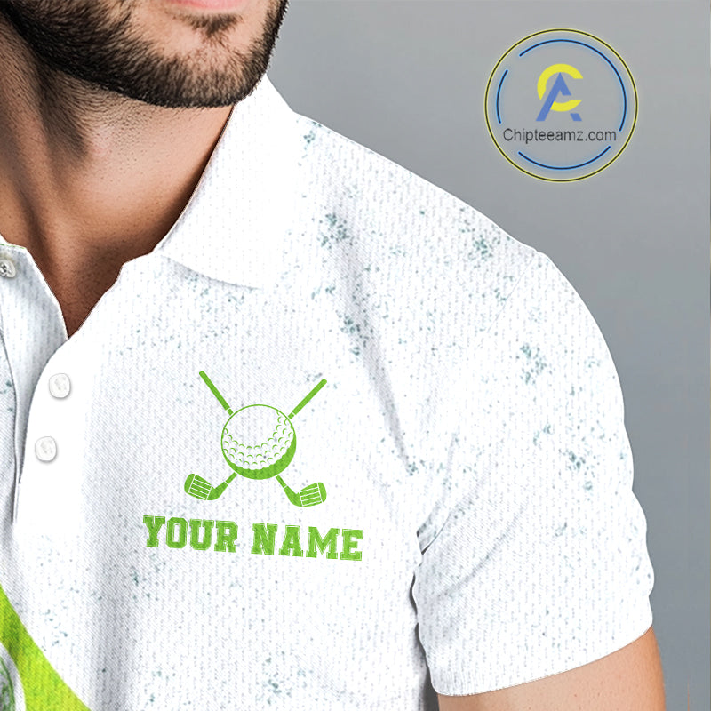 Mens Golf Polo Shirt Green Golf Ball Pattern Custom Name White Golf Shirts, Golf Gifts For Men NBT536