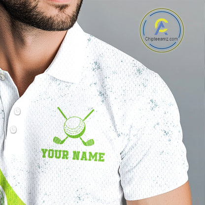 Mens Golf Polo Shirt Green Golf Ball Pattern Custom Name White Golf Shirts, Golf Gifts For Men NBT536