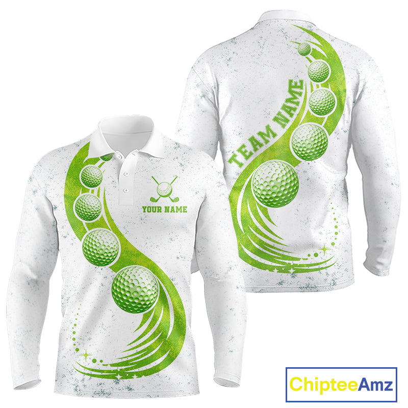 Mens Golf Polo Shirt Green Golf Ball Pattern Custom Name White Golf Shirts, Golf Gifts For Men NBT536