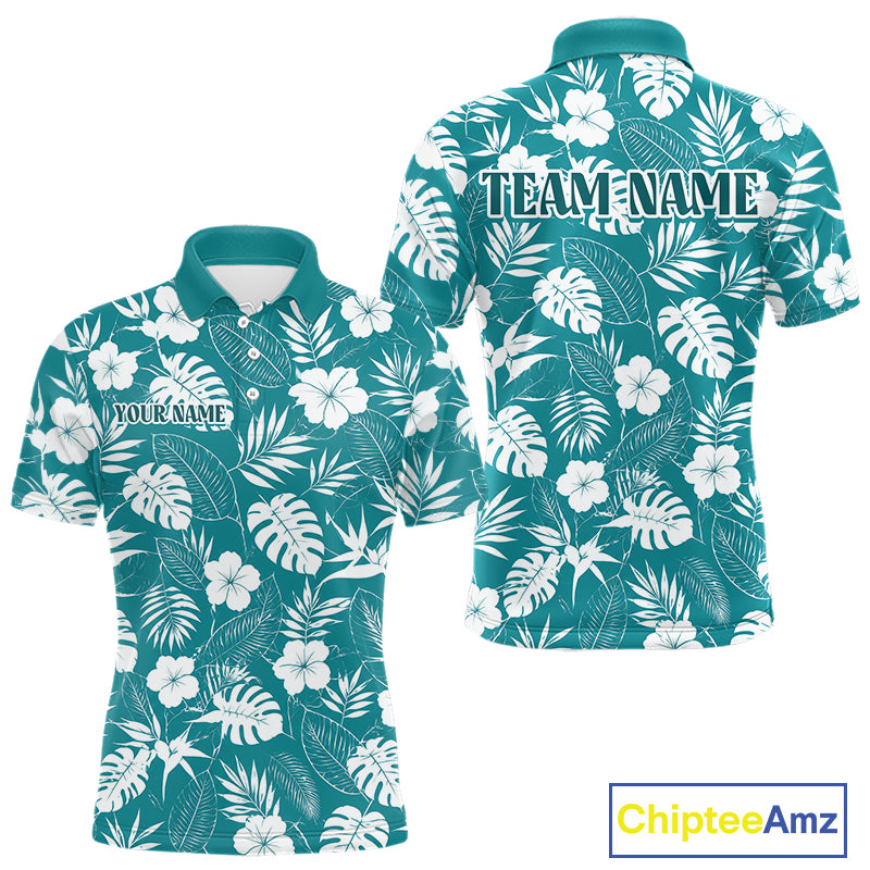 Teal polo shirt with white floral and leaf pattern, customizable text
