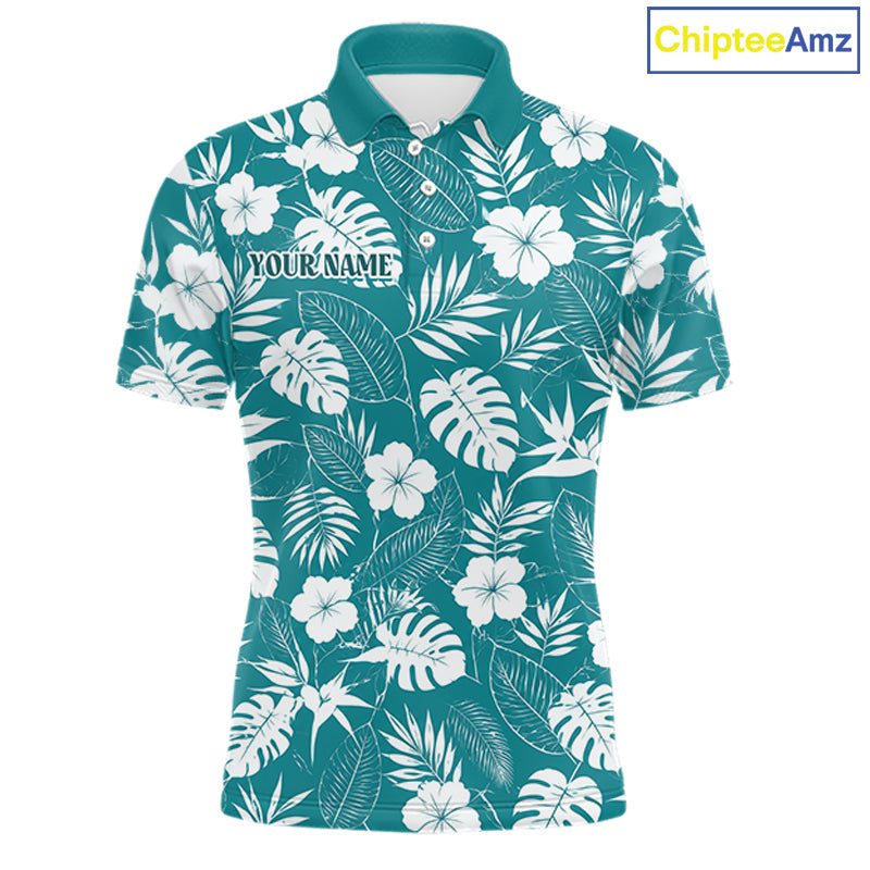 Teal polo shirt with white floral and leaf pattern on a white background