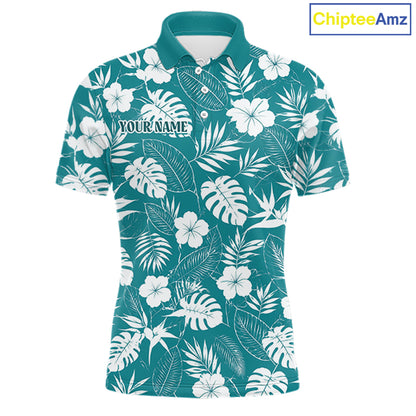 Teal polo shirt with white floral and leaf pattern on a white background