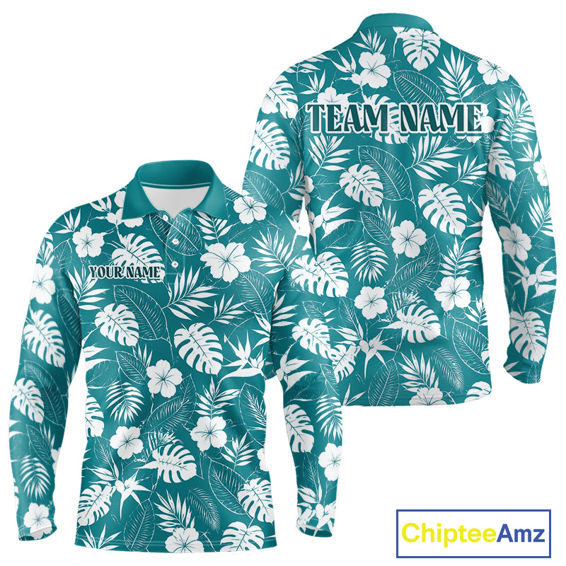 Teal and white floral patterned shirt with customizable text on a white background