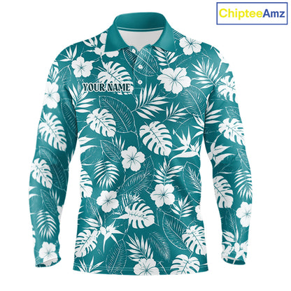 Long-sleeve shirt with tropical leaf pattern on a teal background