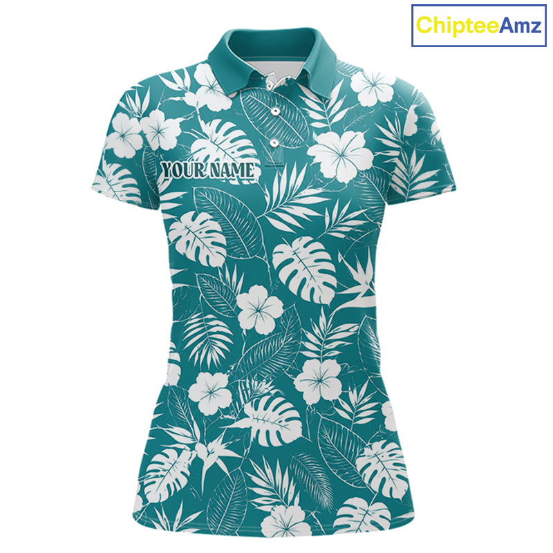 Teal golf polo shirt with white floral tropical pattern on a white background