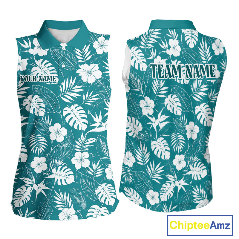 Teal sleeveless shirt with white floral pattern and customizable text on a white background