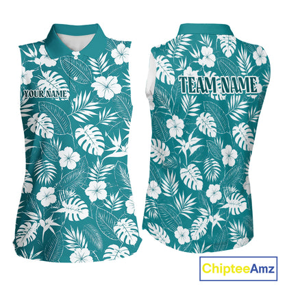 Teal sleeveless shirt with white floral pattern and customizable text on a white background