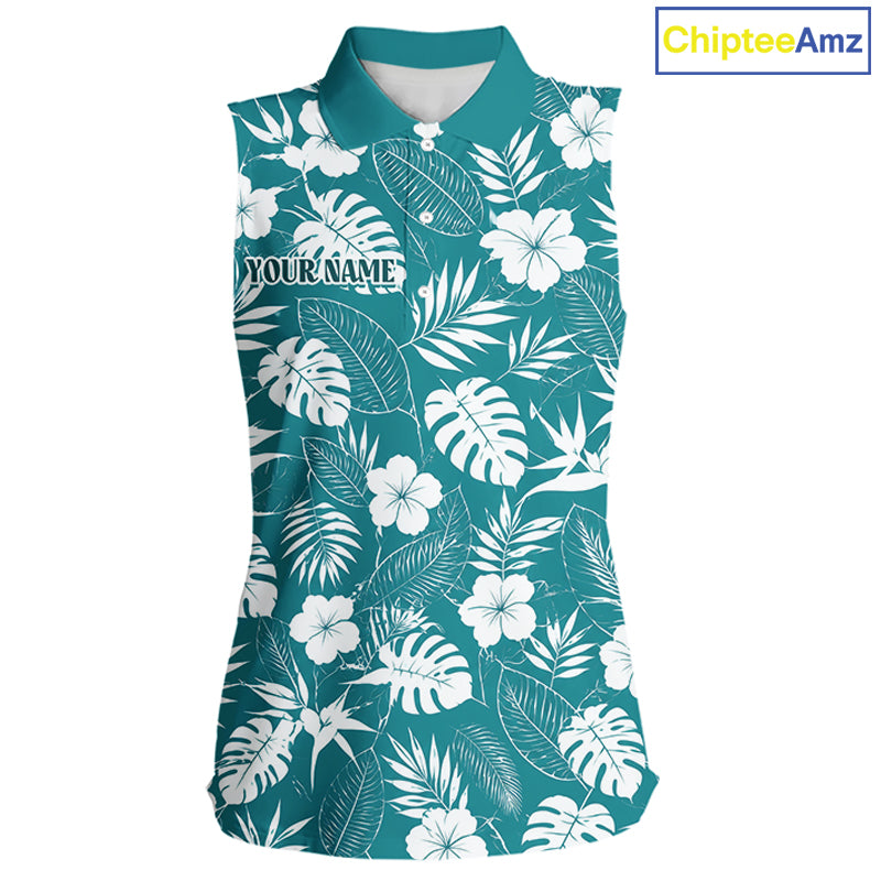 Teal sleeveless shirt with white floral and leaf pattern on a white background