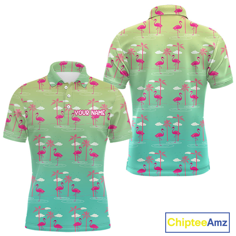Pink Flamingo Palm Tree Mens Golf Polo Shirt, Tropical Golf Shirt, Cute Flamingo Print Summer Polo NBT538
