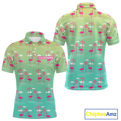 Pink Flamingo Palm Tree Mens Golf Polo Shirt, Tropical Golf Shirt, Cute Flamingo Print Summer Polo NBT538