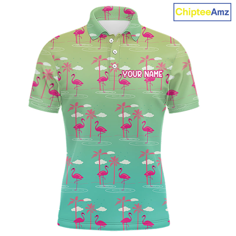 Pink Flamingo Palm Tree Mens Golf Polo Shirt, Tropical Golf Shirt, Cute Flamingo Print Summer Polo NBT538