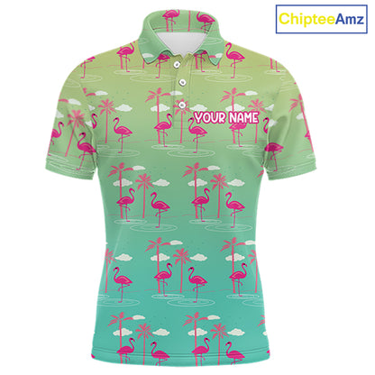 Pink Flamingo Palm Tree Mens Golf Polo Shirt, Tropical Golf Shirt, Cute Flamingo Print Summer Polo NBT538