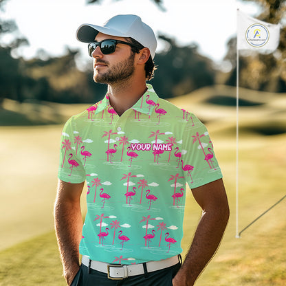 Pink Flamingo Palm Tree Mens Golf Polo Shirt, Tropical Golf Shirt, Cute Flamingo Print Summer Polo NBT538