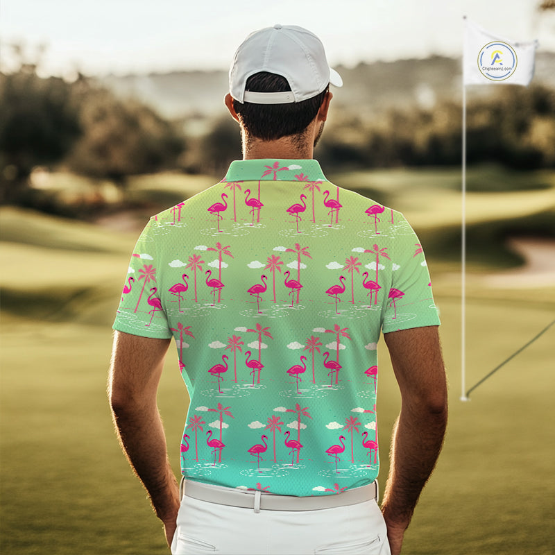 Pink Flamingo Palm Tree Mens Golf Polo Shirt, Tropical Golf Shirt, Cute Flamingo Print Summer Polo NBT538