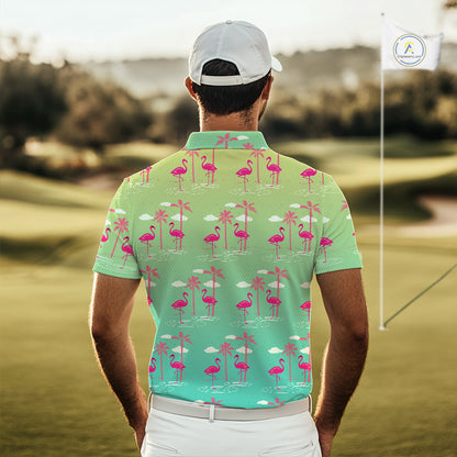 Pink Flamingo Palm Tree Mens Golf Polo Shirt, Tropical Golf Shirt, Cute Flamingo Print Summer Polo NBT538