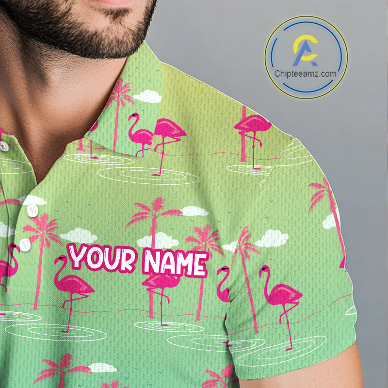 Pink Flamingo Palm Tree Mens Golf Polo Shirt, Tropical Golf Shirt, Cute Flamingo Print Summer Polo NBT538