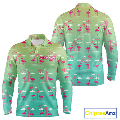 Pink Flamingo Palm Tree Mens Golf Polo Shirt, Tropical Golf Shirt, Cute Flamingo Print Summer Polo NBT538