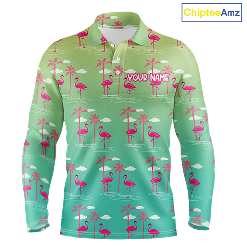 Pink Flamingo Palm Tree Mens Golf Polo Shirt, Tropical Golf Shirt, Cute Flamingo Print Summer Polo NBT538