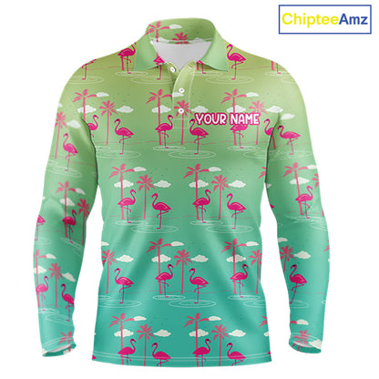 Pink Flamingo Palm Tree Mens Golf Polo Shirt, Tropical Golf Shirt, Cute Flamingo Print Summer Polo NBT538