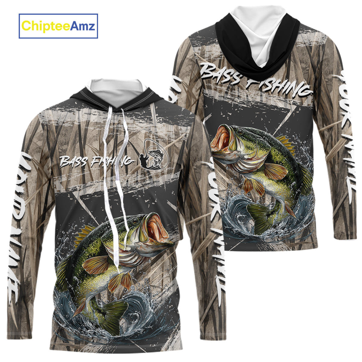 Largemouth Bass Grass Camo Custom Name Long Sleeve Hooded Fishing Shirt, Bass Fishing Shirts For Men NBT354