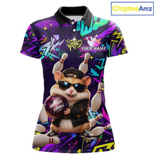 Load image into Gallery viewer, Front view of custom funny hamster purple graffiti women bowling team polo shirt