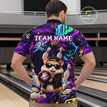 Load image into Gallery viewer, Bowler wearing custom funny hamster purple graffiti bowling shirt on the lanes