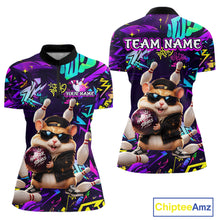 Load image into Gallery viewer, Front and view of custom funny hamster purple graffiti women bowling team 1/4 quarter zip shirt with personalized name