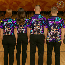 Load image into Gallery viewer, Bowling team wearing matching custom funny hamster purple graffiti jerseys with personalized name - back view